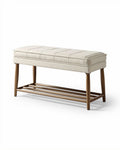 Houten bank met stoffen zitting en open opbergruimte 120 x 40 x 45cm