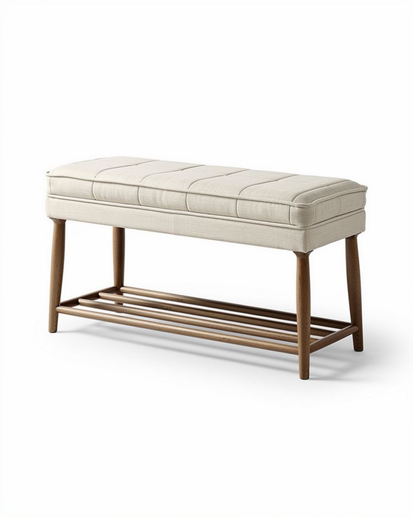 Houten bank met stoffen zitting en open opbergruimte 120 x 40 x 45cm