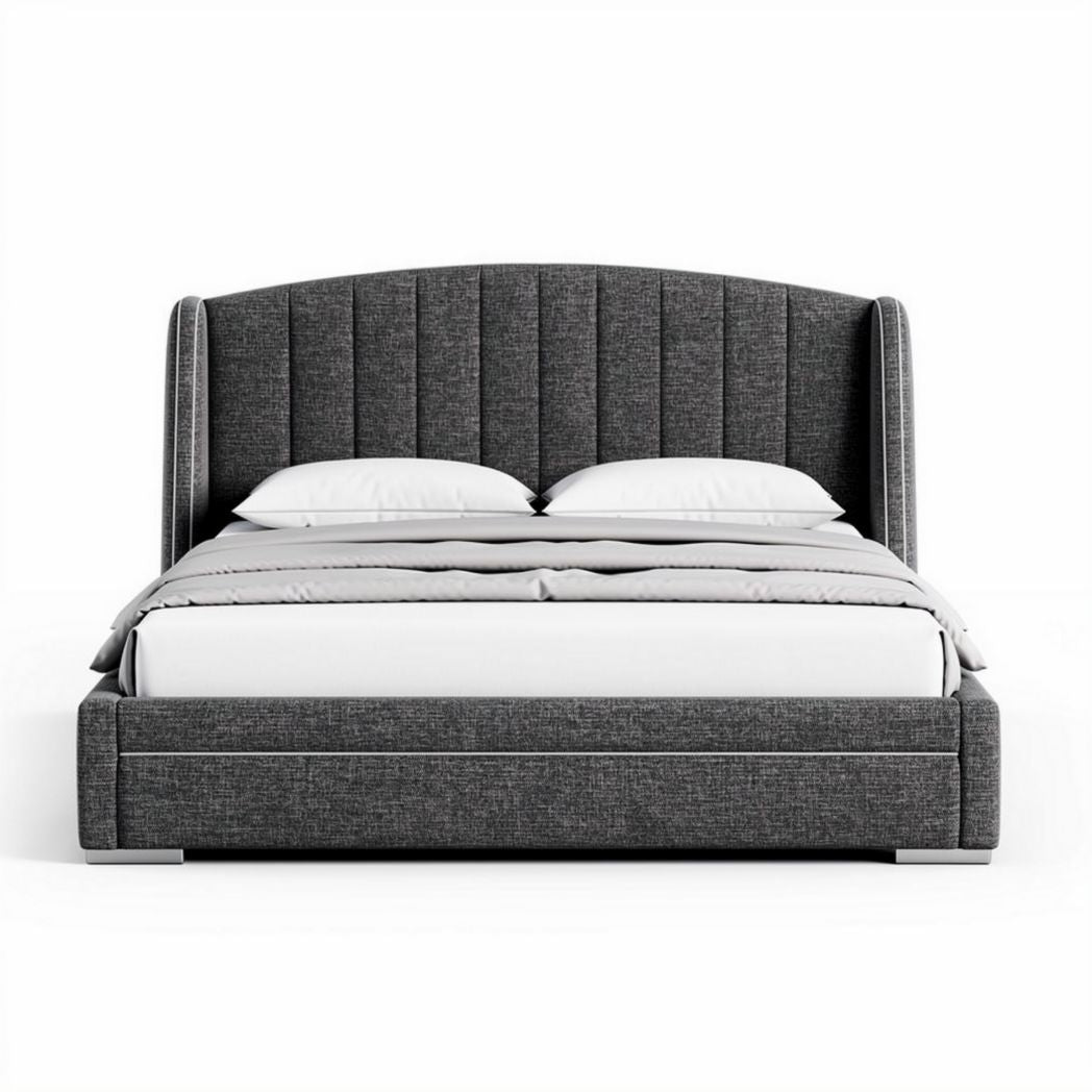 Hoesbed in grijs stof met hoofdeinde afmetingen 210 x 160 x 100cm