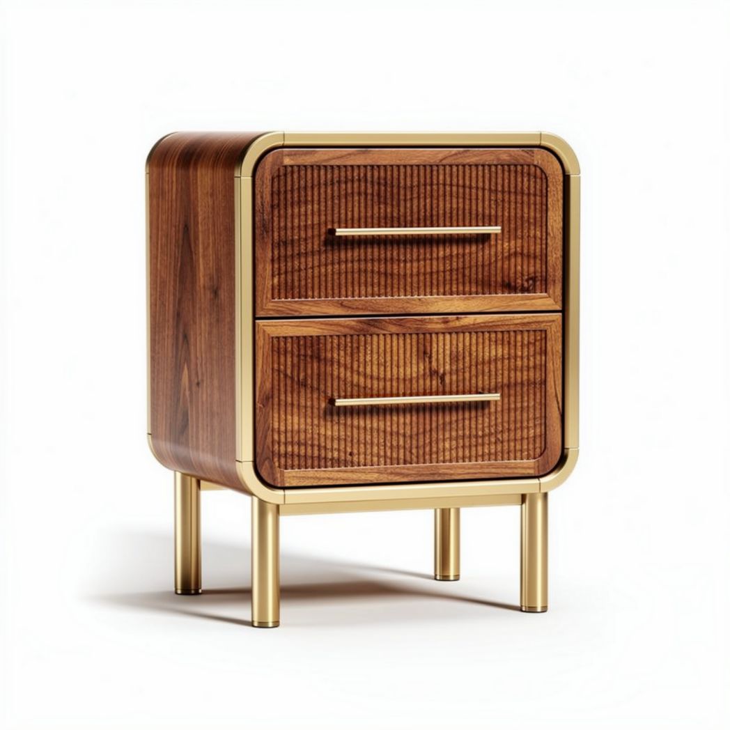 houten nachtkastje met gouden accenten en twee lades 40 x 40 x 60cm