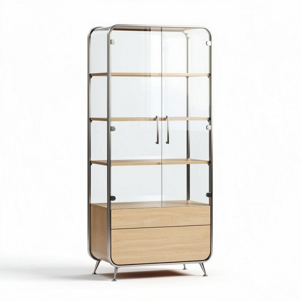 Glazen vitrinekast met houten lades en metalen details 40 x 30 x 180cm