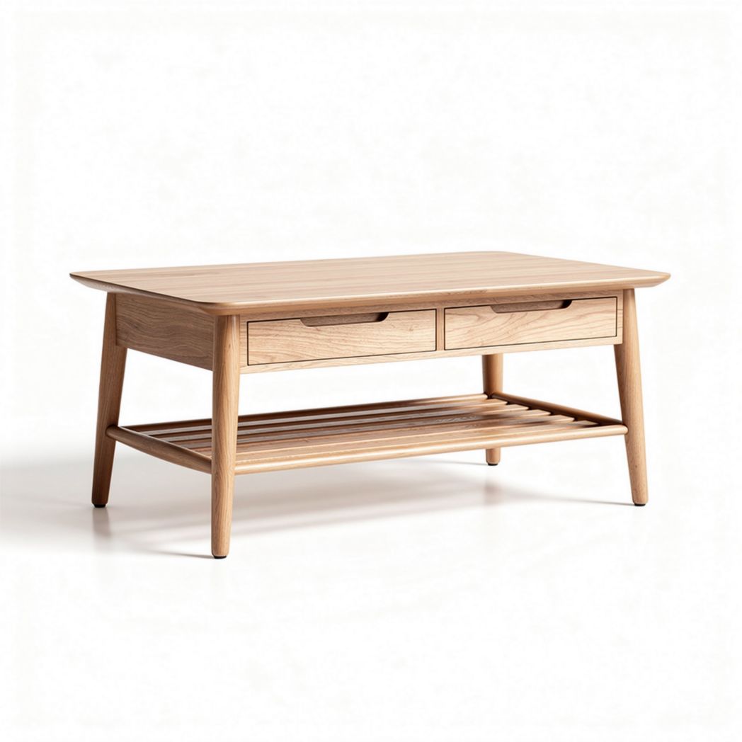 Lage houten salontafel met twee lades en open opbergplank 120 x 60 x 45cm