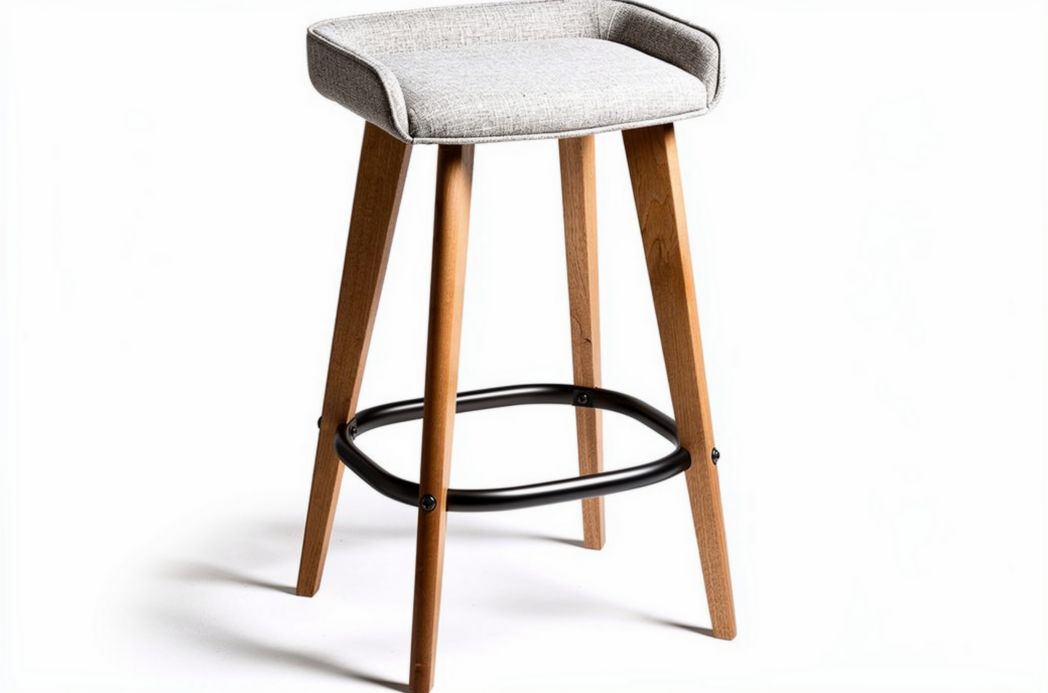 Houten barkruk met stoffen zitting 45 x 45 x 75cm grijs en bruin
