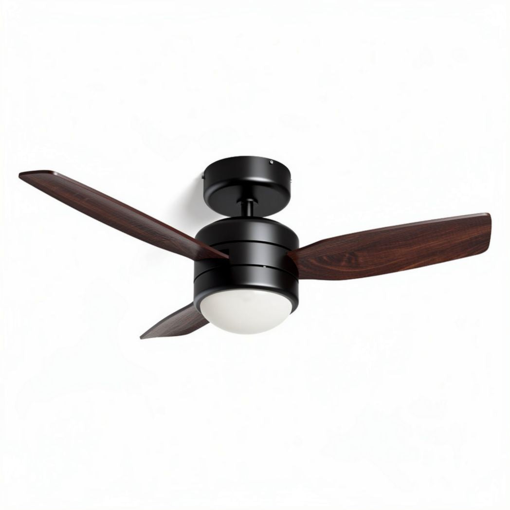 Zwarte plafondventilator met houten bladen en geïntegreerde verlichting 50 x 50 x 30cm